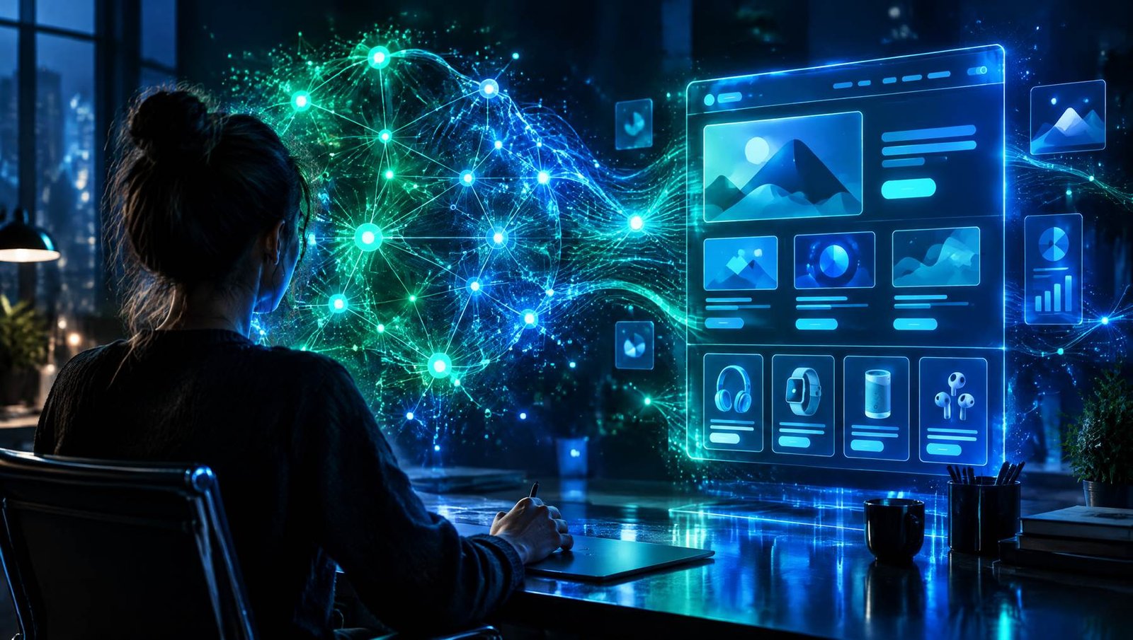 Diseñadora trabajando con inteligencia artificial que transforma ideas en el diseño de un sitio web