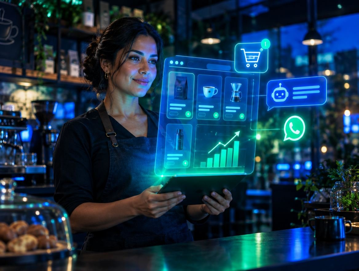 Dueña de una cafetería manejando su tienda online, su chatbot y sus ventas desde una tableta